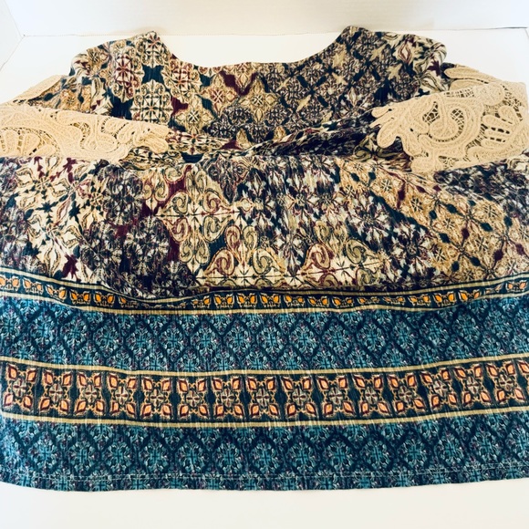 Vintage America Blues Ladies Peasant Pull Over Blouse Size Large Tan Lace Panels - Picture 16 of 16